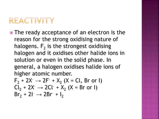  The ready acceptance of an electron is the
reason for the strong oxidising nature of
halogens. F2 is the strongest oxidising
halogen and it oxidises other halide ions in
solution or even in the solid phase. In
general, a halogen oxidises halide ions of
higher atomic number.
F2 + 2X– → 2F– + X2 (X = Cl, Br or I)
Cl2 + 2X– → 2Cl– + X2 (X = Br or I)
Br2 + 2I– → 2Br– + I2
 