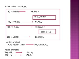 Action of hot conc H2SO4
P4 +10 H2SO4 4H3PO4 +
10 SO2+4 H20
As4 +10 H2SO4 4H3AsO4 +
4 Sb + 6 H2SO4 Sb2(SO4)3 +
3 SO2+6 H20
2Bi + 6 H2SO4 Bi 2( SO4)3 +
Action of alkali
P4 +3 NaOH + 3H20 PH3 +3NaH2PO2
Action of metals
3Mg + N2 Mg3 N2
Mg + P4 Mg3 P2
 