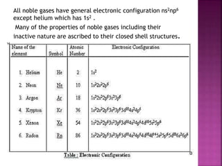 All noble gases have general electronic configuration ns2np6
except helium which has 1s2 .
Many of the properties of noble gases including their
inactive nature are ascribed to their closed shell structures.
 