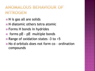  N is gas all are solids
 N diatomic others tetra atomic
 Forms H bonds in hydrides
 forms p∏ - p∏ multiple bonds
 Range of oxidation states -3 to +5
 No d orbitals does not form co – ordination
compounds
 