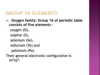  . Oxygen family: Group 16 of periodic table
consists of five elements –
oxygen (O),
sulphur (S),
selenium (Se),
tellurium (Te) and
polonium (Po).
Their general electronic configuration is
ns2np4.
 