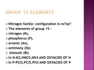  Nitrogen family: configuration is ns2np3.
 The elements of group 15 –
 nitrogen (N),
 phosphorus (P),
 arsenic (As),
 antimony (Sb)
 bismuth (Bi)
 In N-N2,HNO3,NH3 AND OXYACIDS OF N
 In P-PCl3,PCl5,PH3 AND OXYACIDS OF P
 