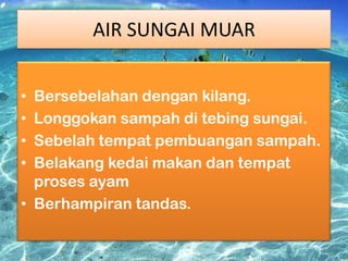 AIR SUNGAI MUAR
Bersebelahan dengan kilang.
Longgokan sampah di tebing sungai.
Sebelah tempat pembuangan sampah.
Belakang kedai makan dan tempat
proses ayam
• Berhampiran tandas.
•
•
•
•

 