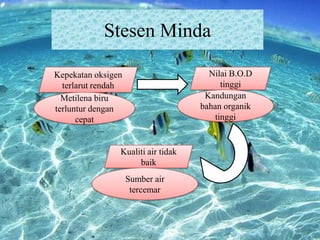 Stesen Minda
Nilai B.O.D
tinggi
Kandungan
bahan organik
tinggi

Kepekatan oksigen
terlarut rendah
Metilena biru
terluntur dengan
cepat

Kualiti air tidak
baik
Sumber air
tercemar

 