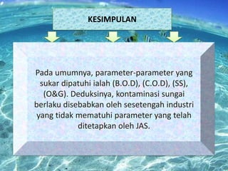KESIMPULAN

Pada umumnya, parameter-parameter yang
sukar dipatuhi ialah (B.O.D), (C.O.D), (SS),
(O&G). Deduksinya, kontaminasi sungai
berlaku disebabkan oleh sesetengah industri
yang tidak mematuhi parameter yang telah
ditetapkan oleh JAS.

 