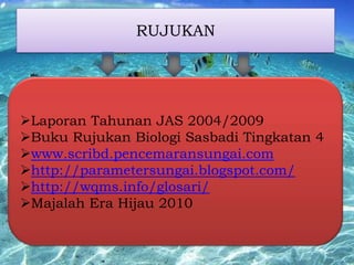 RUJUKAN

Laporan Tahunan JAS 2004/2009
Buku Rujukan Biologi Sasbadi Tingkatan 4
www.scribd.pencemaransungai.com
http://parametersungai.blogspot.com/
http://wqms.info/glosari/
Majalah Era Hijau 2010

 