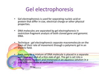 Gel electrophoresis
• Gel electrophoresis is used for separating nucleic acid or
  protein that differ in size, electrical charge or other physical
  properties.

• DNA molecules are separated by gel electrophoresis in
  restriction fragment analysis of both cloned gene and genomic
  DNA.

• Technique : gel electrophoresis separate macromolecule on the
  basis of their rate of movement through a polymeric gel in an
  electric field.

• Each sample, a mixture of DNA molecule is placed in a separate
  well near one end of a thin slab of gel. The gel is set into a
  small plastic support and immersed in an aqueous solution in a
  tray with electrode at each end.
 
