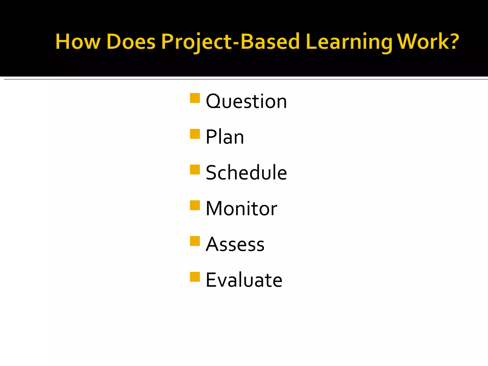  Question
 Plan
 Schedule
 Monitor
 Assess
 Evaluate
 