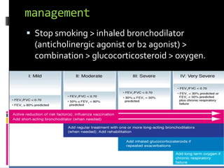management
 Stop smoking > inhaled bronchodilator
  (anticholinergic agonist or b2 agonist) >
  combination > glucocorticosteroid > oxygen.
 