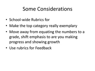 Some ConsiderationsSchool-wide Rubrics for Make the top category really exemplaryMove away from equating the numbers to a grade, shift emphasis to are you making progress and showing growthUse rubrics for Feedback