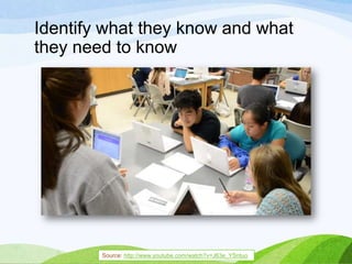 Identify what they know and what
they need to know
Source: http://www.youtube.com/watch?v=J63e_YSntuo
 