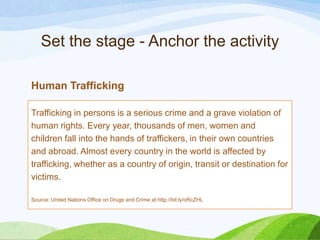Set the stage - Anchor the activity
Trafficking in persons is a serious crime and a grave violation of
human rights. Every year, thousands of men, women and
children fall into the hands of traffickers, in their own countries
and abroad. Almost every country in the world is affected by
trafficking, whether as a country of origin, transit or destination for
victims.
Source: United Nations Office on Drugs and Crime at http://bit.ly/oRcZHL
Human Trafficking
 