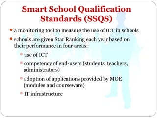 Smart School Qualification
Standards (SSQS)
 a monitoring tool to measure the use of ICT in schools
 schools are given Star Ranking each year based on

their performance in four areas:
use of ICT
competency of end-users (students, teachers,

administrators)
adoption of applications provided by MOE

(modules and courseware)
IT infrastructure

 