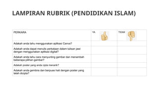 LAMPIRAN RUBRIK (PENDIDIKAN ISLAM)
PERKARA YA TIDAK
Adakah anda tahu menggunakan aplikasi Canva?
Adakah anda dapat menulis perkataan dalam tulisan jawi
dengan menggunakan aplikasi digital?
Adakah anda tahu cara menyunting gambar dan menambah
beberapa pilihan gambar?
Adakah poster yang anda cipta menarik?
Adakah anda gembira dan berpuas hati dengan poster yang
telah dicipta?
 