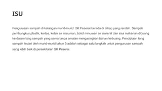 ISU
Pengurusan sampah di kalangan murid-murid SK Peserai berada di tahap yang rendah. Sampah
pembungkus plastik, kertas, kotak air minuman, botol minuman air mineral dan sisa makanan dibuang
ke dalam tong sampah yang sama tanpa amalan mengasingkan bahan terbuang. Penciptaan tong
sampah lestari oleh murid-murid tahun 5 adalah sebagai satu langkah untuk pengurusan sampah
yang lebih baik di persekitaran SK Peserai.
 