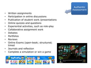 Written assignments Participation in online discussionsPublication of student work /presentationsOnline quizzes and questionsExperiential activities, such as role-playCollaborative assignment work DebatesPortfoliosReviewsOnline Exams (open-book; structured; timedJournals and reflectionComplete a simulation or win a gameAuthentic Assessment
