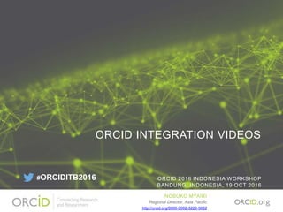ORCID INTEGRATION VIDEOS
ORCID 2016 INDONESIA WORKSHOP
BANDUNG, INDONESIA, 19 OCT 2016
NOBUKO MYAIRI
Regional Director, Asia Pacific
http://orcid.org/0000-0002-3229-5662
#ORCIDITB2016
 