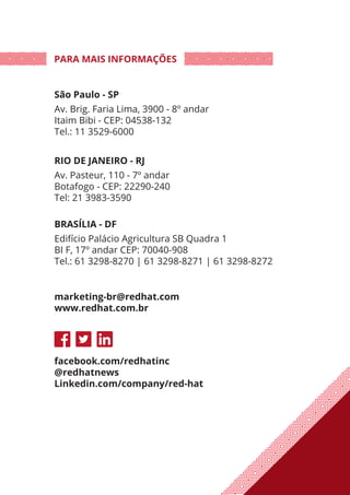 PARA MAIS INFORMAÇÕES
São Paulo - SP
RIO DE JANEIRO - RJ
BRASÍLIA - DF
marketing-br@redhat.com
www.redhat.com.br
facebook.com/redhatinc
@redhatnews
Linkedin.com/company/red-hat
Av. Brig. Faria Lima, 3900 - 8º andar
Itaim Bibi - CEP: 04538-132
Tel.: 11 3529-6000
Av. Pasteur, 110 - 7º andar
Botafogo - CEP: 22290-240
Tel: 21 3983-3590
Edifício Palácio Agricultura SB Quadra 1
BI F, 17º andar CEP: 70040-908
Tel.: 61 3298-8270 | 61 3298-8271 | 61 3298-8272
 