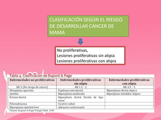CLASIFICACIÓN SEGÚN EL RIESGO
DE DESARROLLAR CANCER DE
MAMA
No proliferativas,
Lesiones proliferativas sin atipia
Lesiones proliferativas con atipia
 