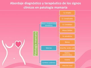 Abordaje diagnóstico y terapéutico de los signos
clínicos en patología mamaria
Patología
mamaria
Masa y modularidad
asimétrica
Q. Simples
Q. Complicados
Q. Complejos
Masas Sólidas
N. asimétrica
Telorrea
Blanca
Amarilla, verde, café
Hialina,
serohemática
Cambios cutáneos
Eczema
Infección local
 