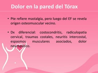 Dolor en la pared del Tórax
• Pte refiere mastalgia, pero luego del EF se revela
origen osteomuscular vecino.
• Dx diferencial: costocondritis, radiculopatia
cervical, traumas costales, neuritis intercostal,
espasmos musculares asociados, dolor
neuropático.
 