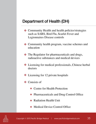 Department of Health (DH)
❖ Community Health and health policies/strategies
such as SARS, Bird Flu, Scarlet Fever and
Legionnaires Disease controls
❖ Community health program, vaccine schemes and
education
❖ The Regulator for pharmaceuticals and drugs,
radioactive substances and medical devices
❖ Licensing for medical professionals, Chinese herbal
doctors
❖ Licensing for 12 private hospitals
❖ Consists of
♦ Centre for Health Protection
♦ Pharmaceuticals and Drug Control Office
♦ Radiation Health Unit
♦ Medical Device Control Office

Copyright © 2013 Pacific Bridge Medical

|

www.pacificbridgemedical.com

35

 