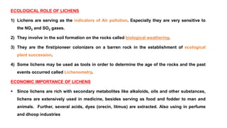 ECOLOGICAL ROLE OF LICHENS
1) Lichens are serving as the indicators of Air pollution. Especially they are very sensitive to
the NO2 and SO2 gases.
2) They involve in the soil formation on the rocks called biological weathering.
3) They are the first/pioneer colonizers on a barren rock in the establishment of ecological
plant succession.
4) Some lichens may be used as tools in order to determine the age of the rocks and the past
events occurred called Lichenometry.
ECONOMIC IMPORTANCE OF LICHENS
 Since lichens are rich with secondary metabolites like alkaloids, oils and other substances,
lichens are extensively used in medicine, besides serving as food and fodder to man and
animals. Further, several acids, dyes (orecin, litmus) are extracted. Also using in perfume
and dhoop industries
 