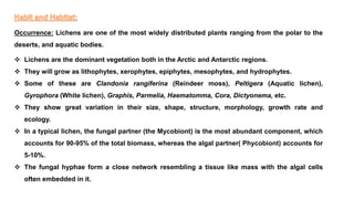Occurrence: Lichens are one of the most widely distributed plants ranging from the polar to the
deserts, and aquatic bodies.
 Lichens are the dominant vegetation both in the Arctic and Antarctic regions.
 They will grow as lithophytes, xerophytes, epiphytes, mesophytes, and hydrophytes.
 Some of these are Clandonia rangiferina (Reindeer moss), Peltigera (Aquatic lichen),
Gyrophora (White lichen), Graphis, Parmelia, Haematomma, Cora, Dictyonema, etc.
 They show great variation in their size, shape, structure, morphology, growth rate and
ecology.
 In a typical lichen, the fungal partner (the Mycobiont) is the most abundant component, which
accounts for 90-95% of the total biomass, whereas the algal partner( Phycobiont) accounts for
5-10%.
 The fungal hyphae form a close network resembling a tissue like mass with the algal cells
often embedded in it.
 
