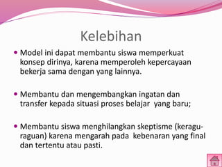 Kelebihan 
 Model ini dapat membantu siswa memperkuat 
konsep dirinya, karena memperoleh kepercayaan 
bekerja sama dengan yang lainnya. 
 Membantu dan mengembangkan ingatan dan 
transfer kepada situasi proses belajar yang baru; 
 Membantu siswa menghilangkan skeptisme (keragu-raguan) 
karena mengarah pada kebenaran yang final 
dan tertentu atau pasti. 
 