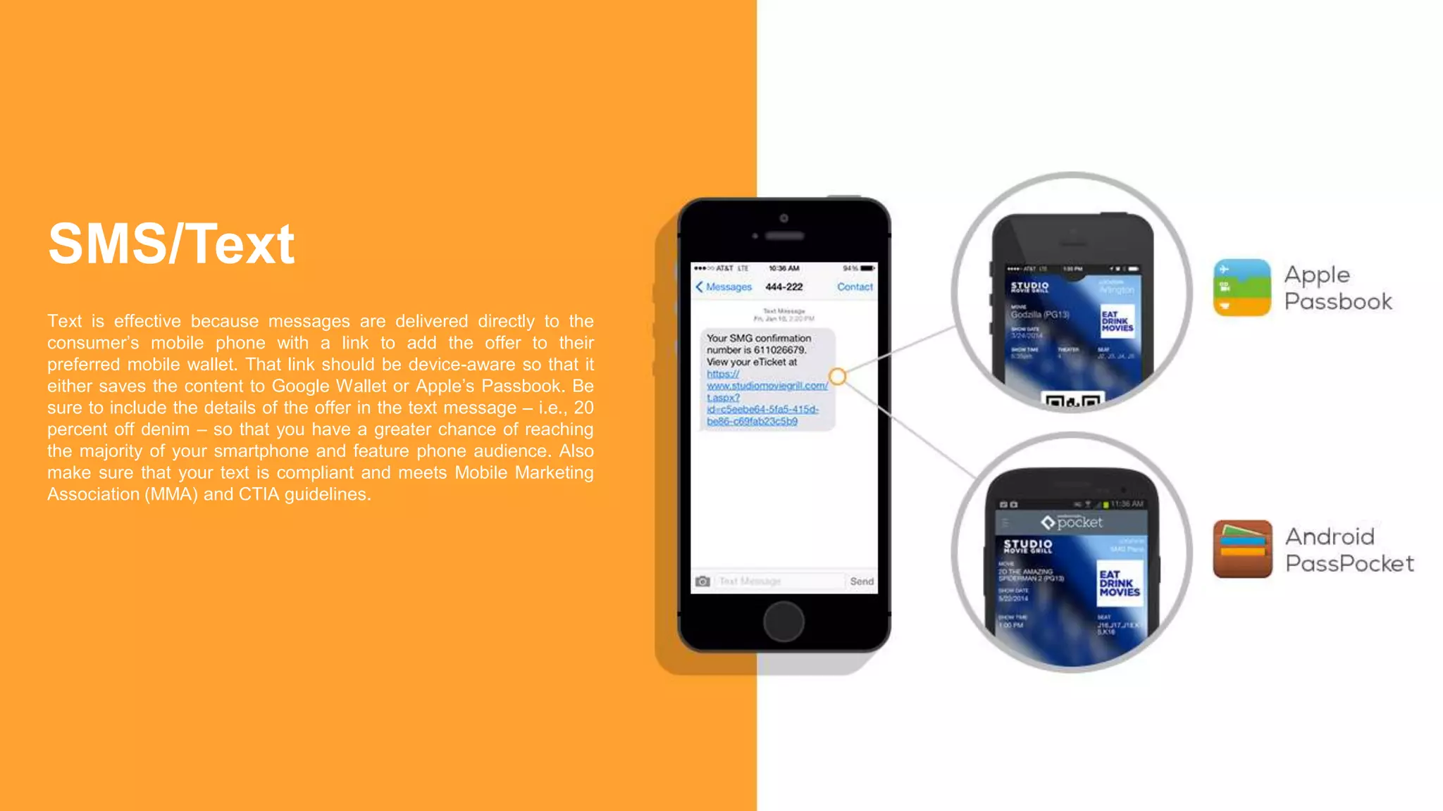 Text is effective because messages are delivered directly to the
consumer’s mobile phone with a link to add the offer to their
preferred mobile wallet. That link should be device-aware so that it
either saves the content to Google Wallet or Apple’s Passbook. Be
sure to include the details of the offer in the text message – i.e., 20
percent off denim – so that you have a greater chance of reaching
the majority of your smartphone and feature phone audience. Also
make sure that your text is compliant and meets Mobile Marketing
Association (MMA) and CTIA guidelines.
SMS/Text
 