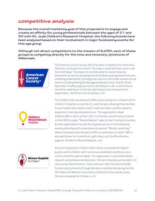 St. Jude Children’s Research Hospital IMC Campaign Proposal © firefly communications CONFIDENTIAL 14
competitive analysis
Because the overall marketing goal of this proposal is to engage and
create an affinity for young professionals between the ages of 21 and
30 with St. Jude Children’s Research Hospital, the following brands have
been analyzed based on their involvement in major fundraising events for
this age group.
Although not direct competitors to the mission of SJCRH, each of these
groups is competing directly for the time and monetary donations of
Millennials.
The American Cancer Society (ACS) has been in existence for more than
100 years, working at its mission “to create a world with less cancer and
more birthdays.” Its programs are dedicated to researching new
treatments as well as spreading the word about existing treatments and
providing preventative and diagnostic services. ACS holds several annual
events including Making Strides Against Breast Cancer and No Shave
November. Another popular event is the Relay for Life, in which teams
commit to walking on a track all night long to raise money for this
organization. (American Cancer Society, n.d.)
The Children’s Miracle Network (CMN) raises money for a network of 170
children’s hospitals across the U.S. and Canada, allowing these facilities
to use it where they need it most. Funds have been used for research,
equipment, training and patient care. The organization raised
$320,921,968 in 2013, up from 2012. Fundraisers are primarily centered
on the CMN $1 paper “Miracle Balloon” sales at retail checkout counters,
but the organization has also found great success in its fundraising
events partnering with corporations to sponsor “Miracle Jeans Day,”
where employees who donate to CMN can wear jeans to work. CMN is
also well known for its telethons, golf classic and the Miss America
pageant. (Children’s Miracle Network, n.d.)
Shriners Hospitals for Children (SHC) strives to provide the highest
quality care to children with neuromusculoskeletal conditions, burn
victims and other special needs. The organization is also dedicated to
research and professional education. Shriners Hospitals are located in 22
cities across North America. Total revenue in 2013 was $615,241,000.
Fundraising is primarily through donations and planned giving, but the
SHC Open and Walk for Love events contribute to the overall cause.
(Shriners Hospitals for Children, n.d.)
 