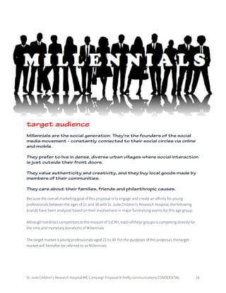 St. Jude Children’s Research Hospital IMC Campaign Proposal © firefly communications CONFIDENTIAL 18
target audience
Millennials are the social generation. They’re the founders of the social
media movement - constantly connected to their social circles via online
and mobile.
They prefer to live in dense, diverse urban villages where social interaction
is just outside their front doors.
They value authenticity and creativity, and they buy local goods made by
members of their communities.
They care about their families, friends and philanthropic causes.
Because the overall marketing goal of this proposal is to engage and create an affinity for young
professionals between the ages of 21 and 30 with St. Jude Children’s Research Hospital, the following
brands have been analyzed based on their involvement in major fundraising events for this age group.
Although not direct competitors to the mission of SJCRH, each of these groups is competing directly for
the time and monetary donations of Millennials
The target market is young professionals aged 21 to 30. For the purposes of this proposal, the target
market will hereafter be referred to as Millennials.
 