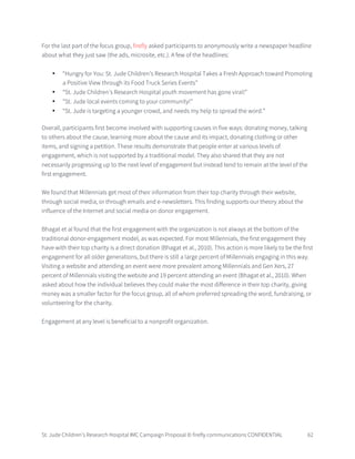 St. Jude Children’s Research Hospital IMC Campaign Proposal © firefly communications CONFIDENTIAL 62
For the last part of the focus group, firefly asked participants to anonymously write a newspaper headline
about what they just saw (the ads, microsite, etc.). A few of the headlines:
• “Hungry for You: St. Jude Children’s Research Hospital Takes a Fresh Approach toward Promoting
a Positive View through its Food Truck Series Events”
• “St. Jude Children’s Research Hospital youth movement has gone viral!”
• “St. Jude local events coming to your community!”
• “St. Jude is targeting a younger crowd, and needs my help to spread the word.”
Overall, participants first become involved with supporting causes in five ways: donating money, talking
to others about the cause, learning more about the cause and its impact, donating clothing or other
items, and signing a petition. These results demonstrate that people enter at various levels of
engagement, which is not supported by a traditional model. They also shared that they are not
necessarily progressing up to the next level of engagement but instead tend to remain at the level of the
first engagement.
We found that Millennials get most of their information from their top charity through their website,
through social media, or through emails and e-newsletters. This finding supports our theory about the
influence of the Internet and social media on donor engagement.
Bhagat et al found that the first engagement with the organization is not always at the bottom of the
traditional donor-engagement model, as was expected. For most Millennials, the first engagement they
have with their top charity is a direct donation (Bhagat et al., 2010). This action is more likely to be the first
engagement for all older generations, but there is still a large percent of Millennials engaging in this way.
Visiting a website and attending an event were more prevalent among Millennials and Gen Xers, 27
percent of Millennials visiting the website and 19 percent attending an event (Bhagat et al., 2010). When
asked about how the individual believes they could make the most difference in their top charity, giving
money was a smaller factor for the focus group, all of whom preferred spreading the word, fundraising, or
volunteering for the charity.
Engagement at any level is beneficial to a nonprofit organization.
 