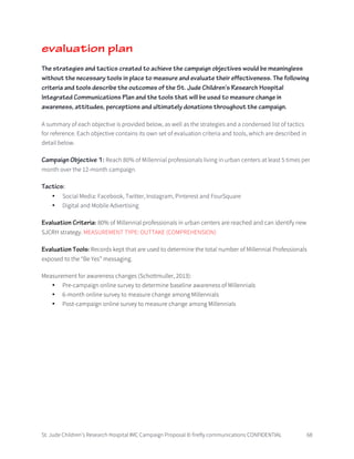 St. Jude Children’s Research Hospital IMC Campaign Proposal © firefly communications CONFIDENTIAL 68
evaluation plan
The strategies and tactics created to achieve the campaign objectives would be meaningless
without the necessary tools in place to measure and evaluate their effectiveness. The following
criteria and tools describe the outcomes of the St. Jude Children’s Research Hospital
Integrated Communications Plan and the tools that will be used to measure change in
awareness, attitudes, perceptions and ultimately donations throughout the campaign.
A summary of each objective is provided below, as well as the strategies and a condensed list of tactics
for reference. Each objective contains its own set of evaluation criteria and tools, which are described in
detail below.
Campaign Objective 1: Reach 80% of Millennial professionals living in urban centers at least 5 times per
month over the 12-month campaign.
Tactics:
• Social Media: Facebook, Twitter, Instagram, Pinterest and FourSquare
• Digital and Mobile Advertising
Evaluation Criteria: 80% of Millennial professionals in urban centers are reached and can identify new
SJCRH strategy. MEASUREMENT TYPE: OUTTAKE (COMPREHENSION)
Evaluation Tools: Records kept that are used to determine the total number of Millennial Professionals
exposed to the “Be Yes” messaging.
Measurement for awareness changes (Schottmuller, 2013):
• Pre-campaign online survey to determine baseline awareness of Millennials
• 6-month online survey to measure change among Millennials
• Post-campaign online survey to measure change among Millennials
 