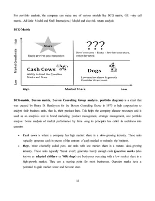 15
For portfolio analysis, the company can make use of various models like BCG matrix, GE –nine cell
matrix, Ad Little Model and Shell International Model and also risk return analysis
BCG-Matrix
BCG-matrix, Boston matrix, Boston Consulting Group analysis, portfolio diagram) is a chart that
was created by Bruce D. Henderson for the Boston Consulting Group in 1970 to help corporations to
analyze their business units, that is, their product lines. This helps the company allocate resources and is
used as an analytical tool in brand marketing, product management, strategic management, and portfolio
analysis. Some analysis of market performance by firms using its principles has called its usefulness into
question
 Cash cows is where a company has high market share in a slow-growing industry. These units
typically generate cash in excess of the amount of cash needed to maintain the business.
 Dogs, more charitably called pets, are units with low market share in a mature, slow-growing
industry. These units typically "break even", generates barely enough cash Question marks (also
known as adopted children or Wild dogs) are businesses operating with a low market share in a
high-growth market. They are a starting point for most businesses. Question marks have a
potential to gain market share and become stars
 