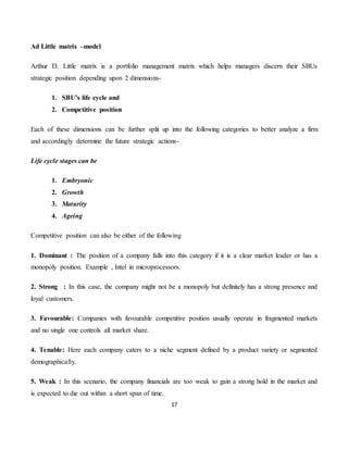 17
Ad Little matrix –model
Arthur D. Little matrix is a portfolio management matrix which helps managers discern their SBUs
strategic position depending upon 2 dimensions-
1. SBU’s life cycle and
2. Competitive position
Each of these dimensions can be further split up into the following categories to better analyze a firm
and accordingly determine the future strategic actions-
Life cycle stages can be
1. Embryonic
2. Growth
3. Maturity
4. Ageing
Competitive position can also be either of the following
1. Dominant : The position of a company falls into this category if it is a clear market leader or has a
monopoly position. Example , Intel in microprocessors.
2. Strong : In this case, the company might not be a monopoly but definitely has a strong presence and
loyal customers.
3. Favourable: Companies with favourable competitive position usually operate in fragmented markets
and no single one controls all market share.
4. Tenable: Here each company caters to a niche segment defined by a product variety or segmented
demographically.
5. Weak : In this scenario, the company financials are too weak to gain a strong hold in the market and
is expected to die out within a short span of time.
 