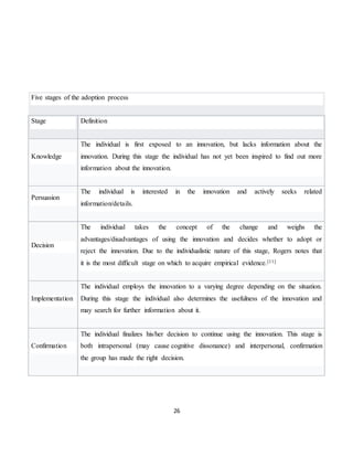 26
Five stages of the adoption process
Stage Definition
Knowledge
The individual is first exposed to an innovation, but lacks information about the
innovation. During this stage the individual has not yet been inspired to find out more
information about the innovation.
Persuasion
The individual is interested in the innovation and actively seeks related
information/details.
Decision
The individual takes the concept of the change and weighs the
advantages/disadvantages of using the innovation and decides whether to adopt or
reject the innovation. Due to the individualistic nature of this stage, Rogers notes that
it is the most difficult stage on which to acquire empirical evidence.[11]
Implementation
The individual employs the innovation to a varying degree depending on the situation.
During this stage the individual also determines the usefulness of the innovation and
may search for further information about it.
Confirmation
The individual finalizes his/her decision to continue using the innovation. This stage is
both intrapersonal (may cause cognitive dissonance) and interpersonal, confirmation
the group has made the right decision.
 