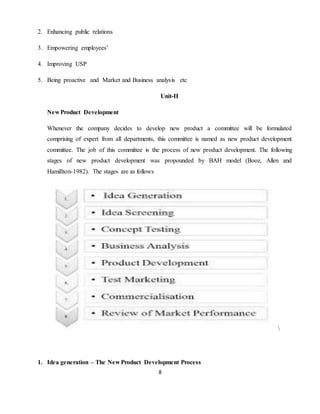 8
2. Enhancing public relations
3. Empowering employees’
4. Improving USP
5. Being proactive and Market and Business analysis etc
Unit-II
New Product Development
Whenever the company decides to develop new product a committee will be formulated
comprising of expert from all departments, this committee is named as new product development
committee. The job of this committee is the process of new product development. The following
stages of new product development was propounded by BAH model (Booz, Allen and
Hamillton-1982). The stages are as follows

1. Idea generation – The New Product Development Process
 