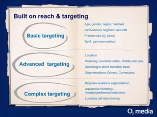 Built on reach & targeting
                        Age, gender, region, handset
                        O2 Audience segment, ACORN

    Basic targeting     Preferences (O2 More)
                        Tariff, payment method



                        Location
                        Roaming, countries called, mobile web use,
 Advanced targeting     Matching to client customer base
                        Segmentations: Drivers, Commuters,


                        Bespoke audience segmentation,
                        Advanced modelling –
                        inferred preference/behaviour
   Complex targeting
                        Location call data look-up
 