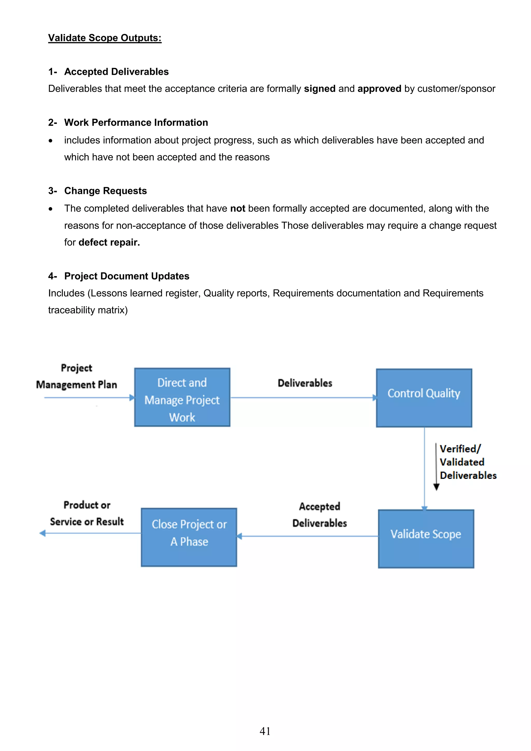 41
Validate Scope Outputs:
1- Accepted Deliverables
Deliverables that meet the acceptance criteria are formally signed and approved by customer/sponsor
2- Work Performance Information
 includes information about project progress, such as which deliverables have been accepted and
which have not been accepted and the reasons
3- Change Requests
 The completed deliverables that have not been formally accepted are documented, along with the
reasons for non-acceptance of those deliverables Those deliverables may require a change request
for defect repair.
4- Project Document Updates
Includes (Lessons learned register, Quality reports, Requirements documentation and Requirements
traceability matrix)
 