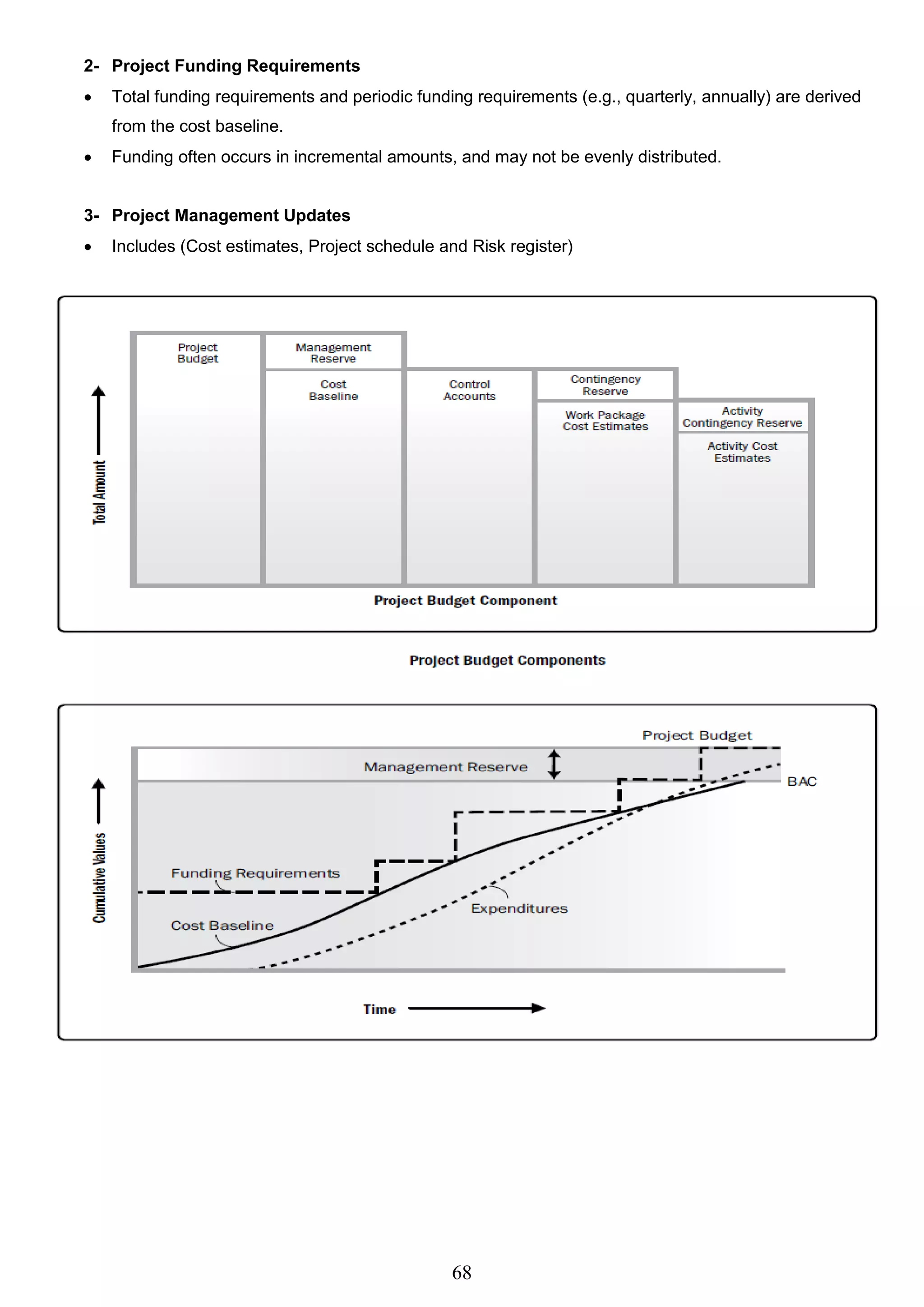 68
2- Project Funding Requirements
 Total funding requirements and periodic funding requirements (e.g., quarterly, annually) are derived
from the cost baseline.
 Funding often occurs in incremental amounts, and may not be evenly distributed.
3- Project Management Updates
 Includes (Cost estimates, Project schedule and Risk register)
 