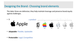The latter three are defensive; they help maintain leverage and preserve brand equity
against challenges.
• Transferable- Within across product categories, across geographical boundaries
• Adaptable- Flexible, Updatable
• Protectable- Legal, Competitive
Designing the Brand- Choosing brand elements
 