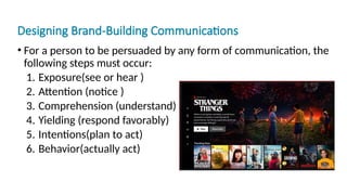 Designing Brand-Building Communications
• For a person to be persuaded by any form of communication, the
following steps must occur:
1. Exposure(see or hear )
2. Attention (notice )
3. Comprehension (understand)
4. Yielding (respond favorably)
5. Intentions(plan to act)
6. Behavior(actually act)
 