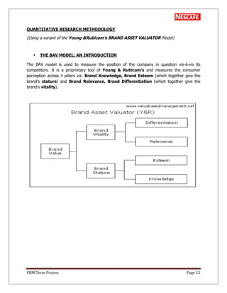 PBM Term Project Page 12
QUANTITATIVE RESEARCH METHODOLOGY
(Using a variant of the Young &Rubicam‟s BRAND ASSET VALUATOR Model)
 THE BAV MODEL: AN INTRODUCTION
The BAV model is used to measure the position of the company in question vis-à-vis its
competitors. It is a proprietary tool of Young & Rubicam‟s and measures the consumer
perception across 4 pillars viz. Brand Knowledge, Brand Esteem (which together give the
brand‘s stature) and Brand Relevance, Brand Differentiation (which together give the
brand‘s vitality).
 