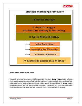 PBM Term Project Page 31
Brand Equity versus Brand Value:
Though at times the terms are used interchangeably, the term Brand Value actually refers to
the financial measure or value of the brand in question. It gives an idea to an outsider of the
value of the brand, where it been sold in the market (useful at times of M&A‘s). Brand Equity
is more to do with how the brand‘s image, perception, positioning etc. in the market impacts
the business side of the brand and how it ensures future cash flows for the company.
 