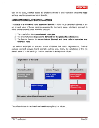 PBM Term Project Page 52
Now for our study, we shall discuss the InterBrand model of Brand Valuation which the model
we have used to measure our brand Nescafe.
INTERBRAND MODEL OF BRAND VALUATION
The value of a brand lies in its economic benefit – brand value is therefore defined as the
net present value of future earnings generated by the brand alone. InterBrand approach is
based on the following three economic functions:
1) The brand‘s function to create cost synergies
2) The brand‘s function to generate demand for the products and services
3) The brand‗s function to secure future demand and thus reduce operative and
financial risks.
The method employed to evaluate brands comprises five steps: segmentation, financial
analysis, demand analysis, brand strength analysis, and, finally, the calculation of the net
present value of brand earnings. This can be shown in a diagram as follows:
The different steps in the InterBrand model are explained as follows:
 