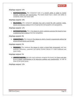 PBM Term Project Page 55
Weightage assigned: 10%
5. RESPONSIVENESS: This component looks at a brand‘s ability to adapt to market
changes, challenges and opportunities. The brand should have a desire and ability to
constantly evolve and renew itself.
Weightage assigned: 10%
6. RELEVANCE: This component estimates how well a brand fits with customer needs,
desires and decision criteria across all appropriate demographics and geographies.
Weightage assigned: 12%
7. DIFFERENTIATION: This is the degree to which customers perceive the brand to have
a positioning that is distinct from the competition.
Weightage assigned: 8%
8. CONSISTENCY: This measures the degree to which a brand is experienced without fail
across all touch-points and formats.
Weightage assigned: 5%
9. PRESENCE: This measures the degree to which a brand feels omnipresent and how
positively consumers, customers and opinion formers discuss it in both traditional and
social media.
Weightage assigned: 5%
10. UNDERSTANDING: Not only must customers recognize the brand, but there must also
be an in-depth understanding of its distinctive qualities and characteristics, as well as
those of the brand owner.
Weightage assigned: 15%
 