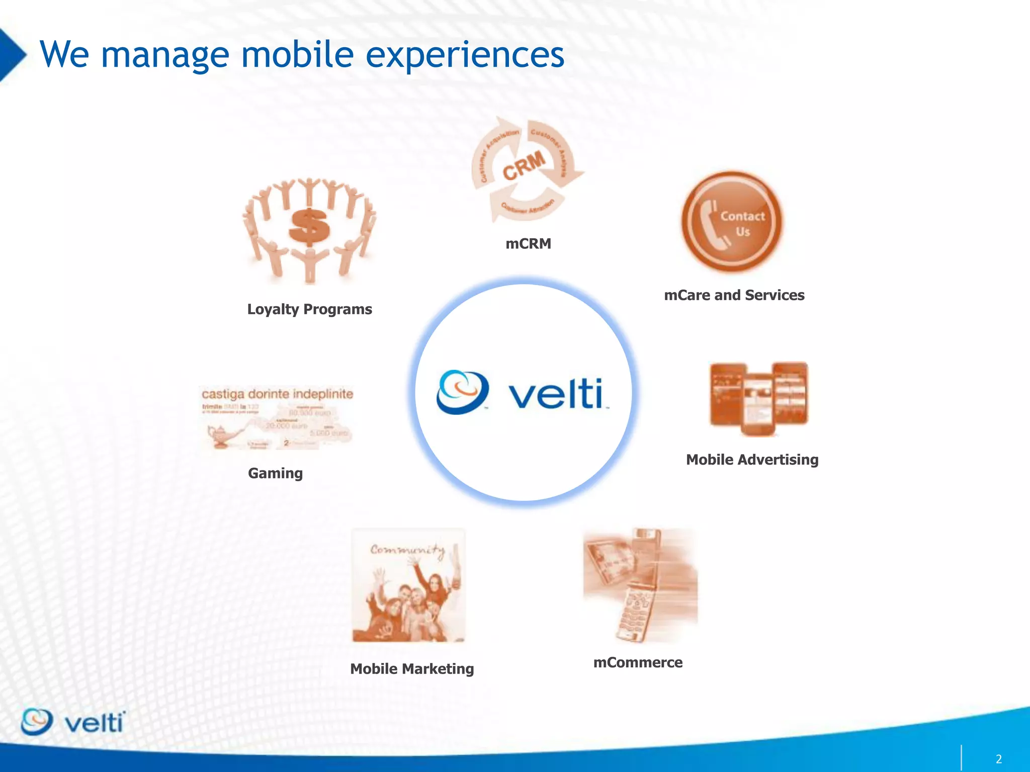 We manage mobile experiences



                                           mCRM


                                                         mCare and Services
           Loyalty Programs




                                                              Mobile Advertising
           Gaming




                        Mobile Marketing          mCommerce




                                                                                   2
 