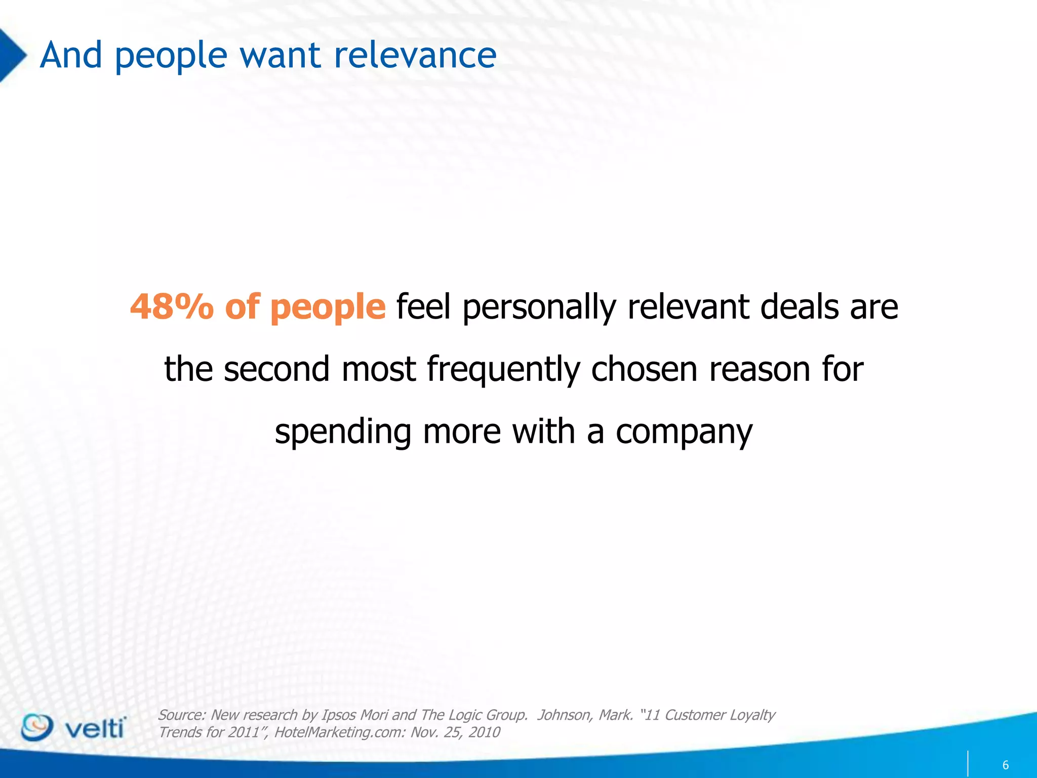 And people want relevance




    48% of people feel personally relevant deals are
       the second most frequently chosen reason for
                       spending more with a company




      Source: New research by Ipsos Mori and The Logic Group. Johnson, Mark. “11 Customer Loyalty
      Trends for 2011”, HotelMarketing.com: Nov. 25, 2010

                                                                                                    6
 