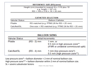 Low pressure zone* = balloon diameter < 2 mm of nominal balloon size.
High pressure zone** = balloon diameter within 2 mm of nominal balloon size.
SL = severe subvalvular lesions
PBMV TIPS AND TRICKS
 
